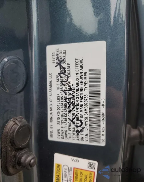 2021 Honda Pilot Touring from USA, damaged, VIN 5FNYF5H64MB020766